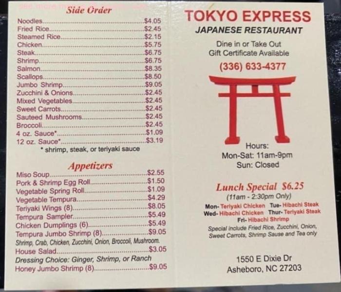 Tokyo express denton nc menu